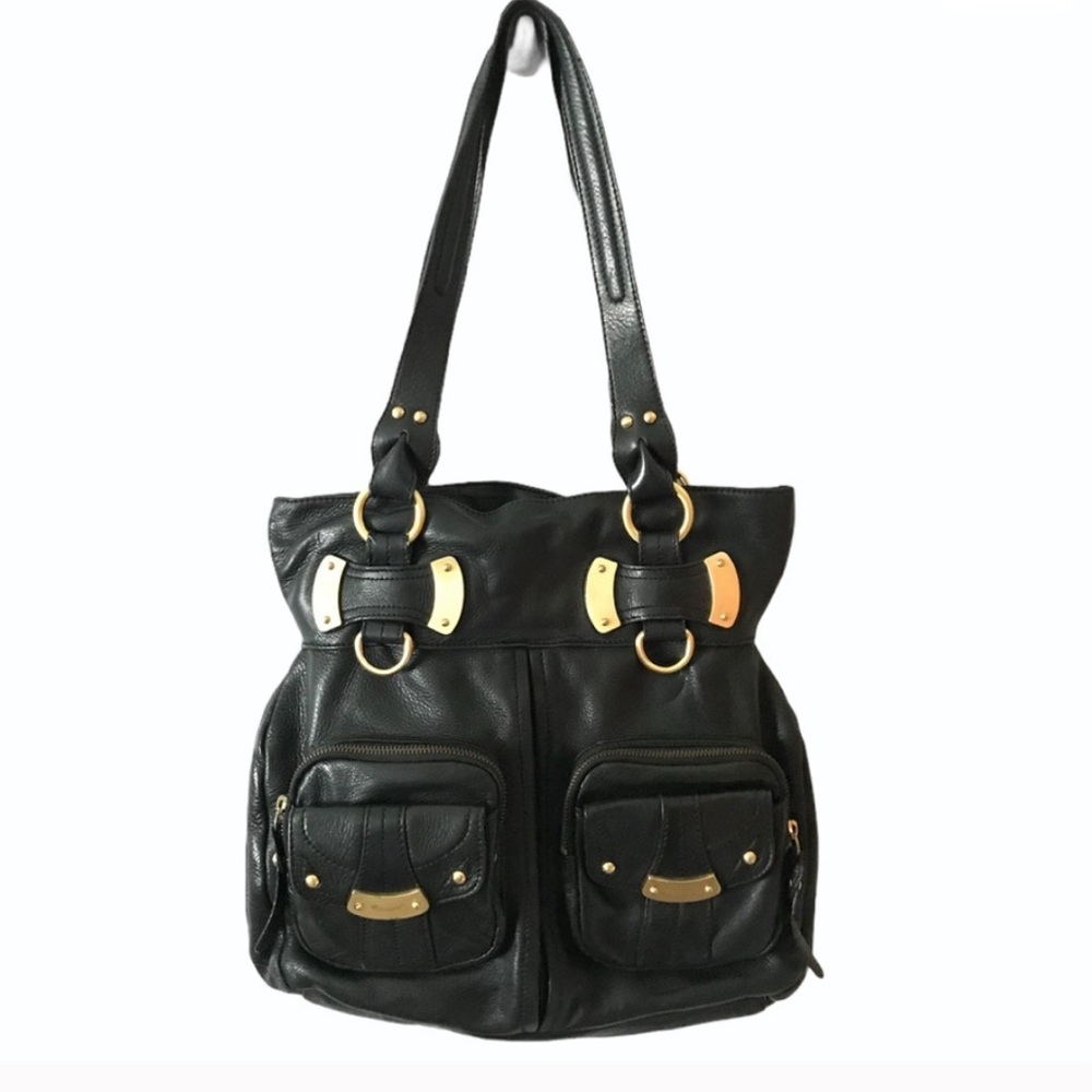 Black Leather Shoulder Bag with Gold Accents and accessory by B. Makowsky